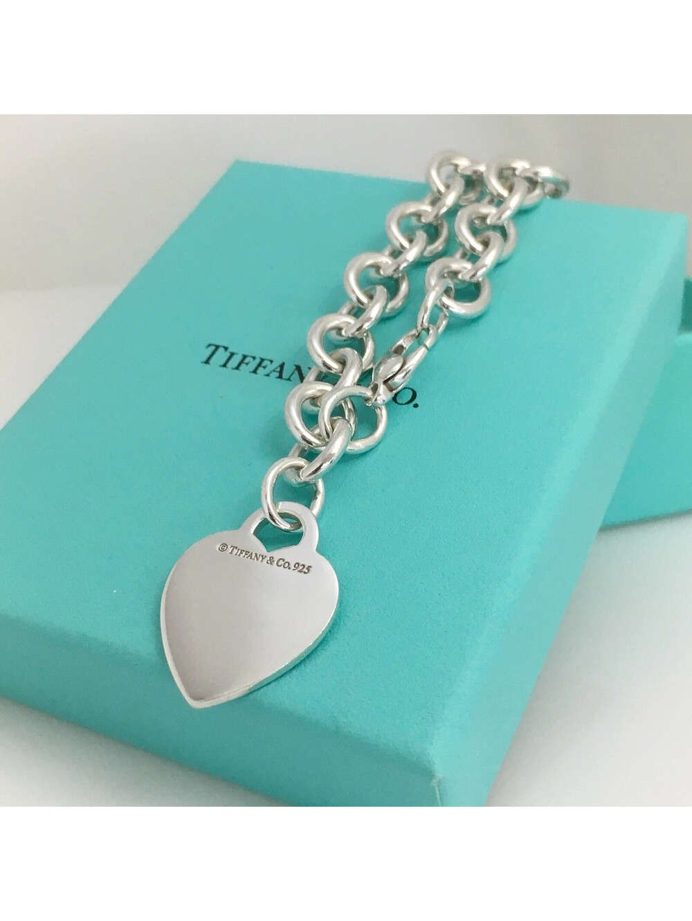 Tiffany & Co 6.5in Medium Blank Heart Tag Charm Bracelet Sterling Silver 925